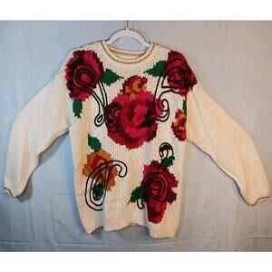 VTG The Villager Knit Sweater Women's Large White Floral Long Sleeve EUC